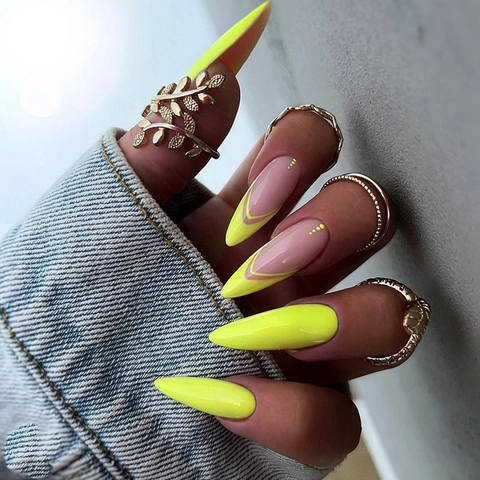 Unghie Finte A Pressione Giallo Neon Linea A V Lucide Forma Mandorla Contrasto Rosa Nude Unghie Artificiali Per Donne Manicure Fai Da Te