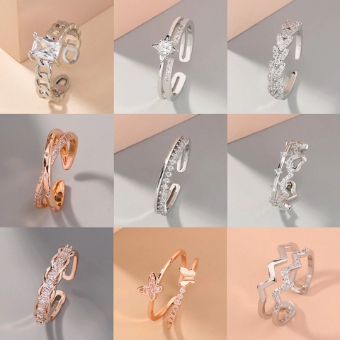 Kupfer Zirkon Offen Verstellbarer Ring Für Damen Einfache Geometrische Mode Micro Pave Glänzender Schmuck