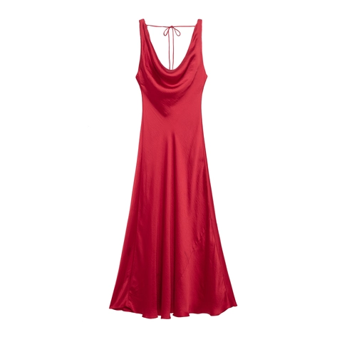Satin Maxi Dress Cowl Neck Backless Lace Up Spaghetti Strap Sexy Evening Party Long Gown For Women Elegant Red
