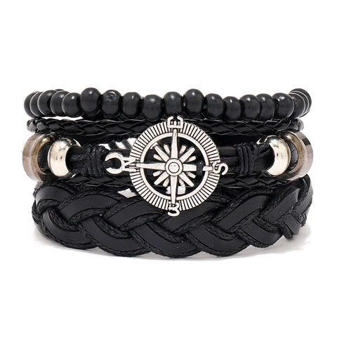 Bracciale in Pelle Multistrato da Uomo Vintage Cordino Intrecciato a Mano Ciondolo Bussola Argento Antico Gioielli Stile Punk