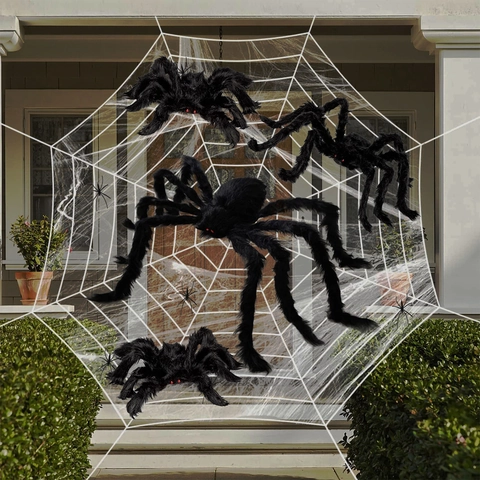 Halloween Riesen Spinnennetz Und Plüsch Spinne Dekoration Mit LED Lichter Für Draußen Spukhaus Party Grusel Requisite