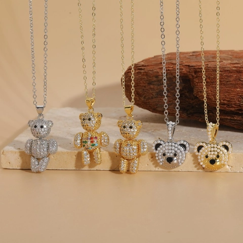 Copper Bear Pendant Necklace With Zircon And Imitation Artificial Pearl 14K Gold Plated Hip Hop Luxury Animal Jewelry