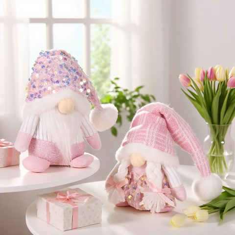 Ornamenti Gnomo Di Natale Rosa Paillettes Peluche Bambole Senza Volto Cappello Maglia Decorazione Da Tavolo Regalo Di Festa