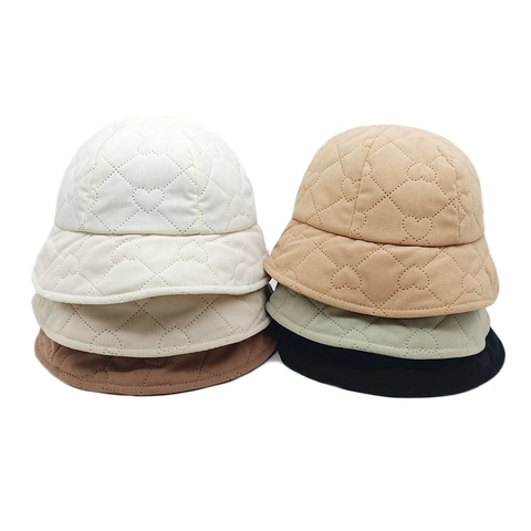 Bucket Hat Heart Quilted Corduroy Cotton Polyester Warm Retro Japanese Style Autumn Winter Fisherman Hat For Women