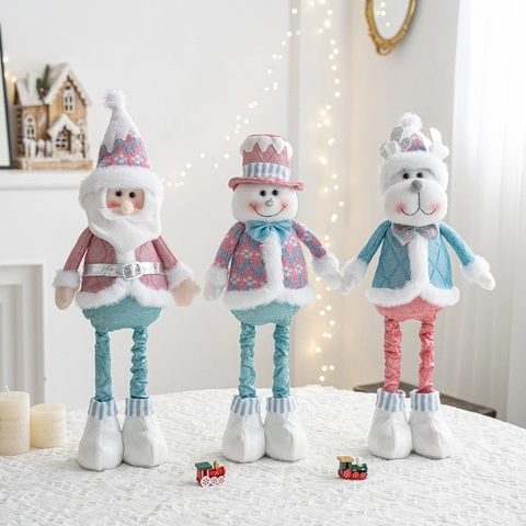 Poupée En Peluche De Noël Père Noël Bonhomme De Neige Et Renne Tissu Tricoté Métal Télescopique Ornement Rose Bleu