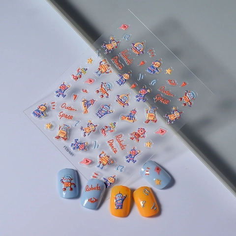 5D Embossed Nail Art Stickers Cartoon Robot Outer Space Design Adhesive Waterproof DIY Cute Manicure Decor For Women Kids