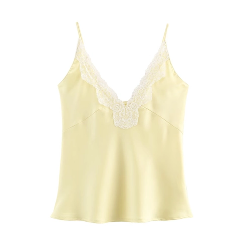 Women Satin Lace Trim Camisole Top V-Neck Sleeveless Polyester Tank Top Sexy Spaghetti Strap Slim Fit Casual Undershirt