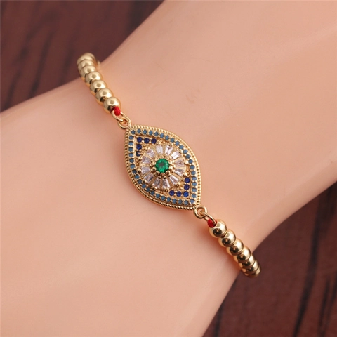 Bracciale Occhio Del Diavolo Rame Zircone Micro Intarsiato Placcato Oro Regolabile Catena Di Perline Gioielli Boho Da Donna