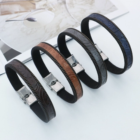 Herren PU Lederarmband Mit Edelstahlverschluss Geprägtes Streifenmuster Metallkettenkante Retro Punk Stil Armband