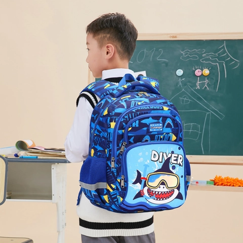 Kids Backpack Waterproof Oxford Cloth Ergonomic Spine Protection School Bag Cartoon Dinosaur Shark Prints For Boys Girls