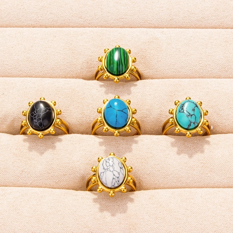 Bohemian Vintage Stainless Steel Adjustable Ring Geometric Oval Imitation Stone Inlay Ethnic Jewelry Women Men
