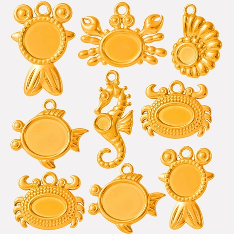 Pendentifs Animaux Marins Acier Inoxydable 304 Crabe Hippocampe Coquillage DIY Bijoux Fabrication Base Plateau Lunette Doré 18K
