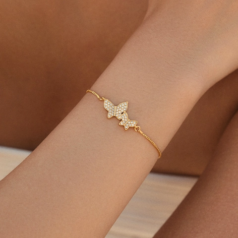 18K Gold Plated Copper Bracelet For Women Inlaid Zirconia Cross Butterfly Adjustable Slider Bracelet Fashion Jewelry Gift