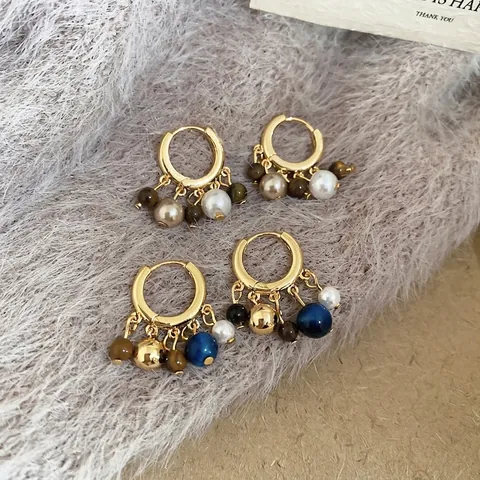 Orecchini A Cerchio Con Künstliche Perle Occhio Di Tigre Vintage Elegante Rame Placcato Oro 18K Con Perno In Argento Sterling 925 Per Donna
