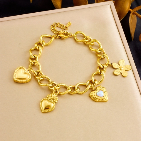 Gold Plated Stainless Steel Chunky Chain Bracelet With Heart And Flower Pendants Vintage Trendy Jewelry For Women