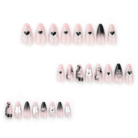 Press On Nägel Lang Stiletto Verlauf Schwarz Pink Gothic Stil 3D Metall Kreuz Herz Charms Strass Falsche Nägel