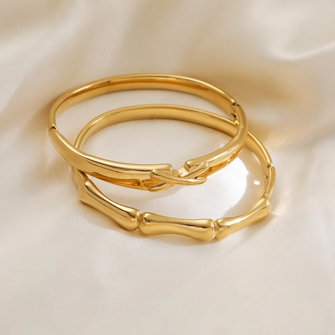 Minimalistisch Edelstahl Armreif Für Damen 18K Vergoldet Bambus Knoten Kreuz Design Verstellbares Offenes Armband Mode Schmuck Geschenk