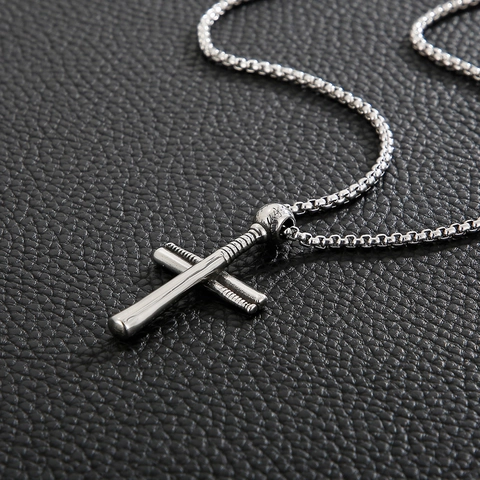 Men Baseball Bat Cross Pendant Necklace 316L Stainless Steel Sports Jewelry Hip Hop Style Retro Silver Color Accessory