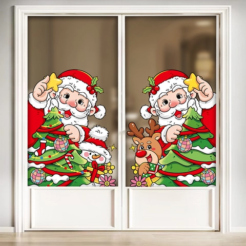 Christmas Window Stickers Static Cling Santa Claus Reindeer Snowman Xmas Tree Double Sided PVC Holiday Glass Door Decoration