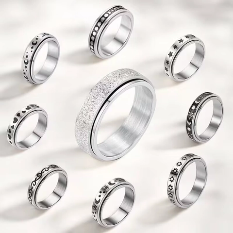 Stainless Steel Spinner Ring Rotatable Anti Anxiety Stress Relief Band Star Moon Daisy Engraved Unisex Finger Jewelry