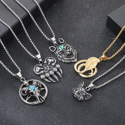 Collana Vichinga In Acciaio Inox Pendente Lupo Ariete Serpente Gioielli Uomo Con Turchese E Occhio Di Gatto