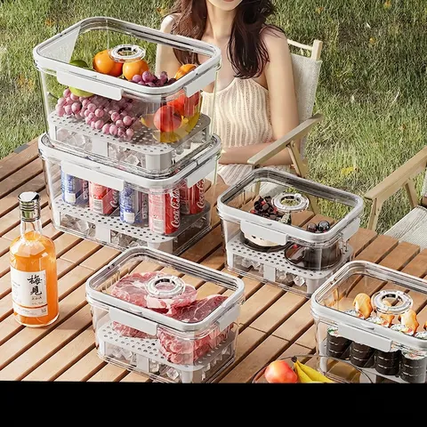Contenitore Per Alimenti Portatile Plastica Trasparente Scatola Bento Picnic Con Vassoio Drenaggio Tracciatore Data Coperchio Ermetico Maniglia