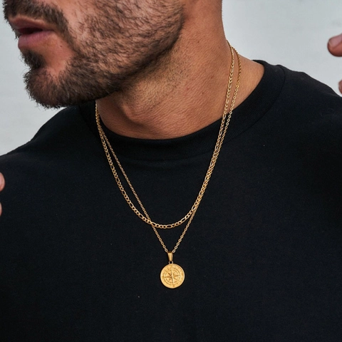 Collier Pendentif Boussole en Alliage pour Hommes Hip Hop Boussole Nautique Vintage Superposée Médaille Étoile Chaîne Or Argent Bijoux pour Voyage