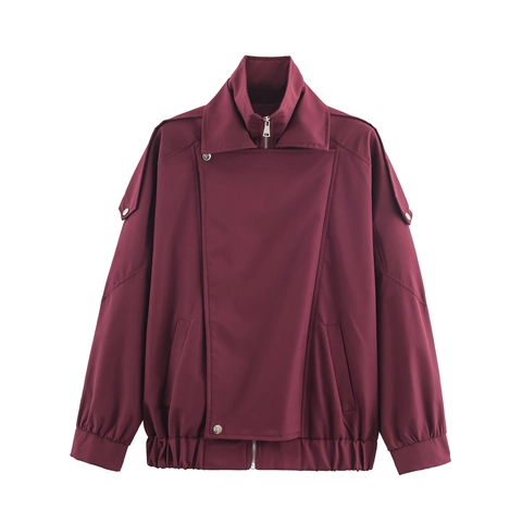 Women Loose Jacket Stand Collar Long Sleeve Zip Up Polyester Casual Wine Red Streetwear Outerwear