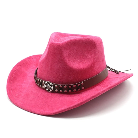 Chapeau De Cow-Boy Western Daim Feutre Large Bord Style Ethnique Bande Cuir Rivets Rétro Pour Hommes Et Femmes