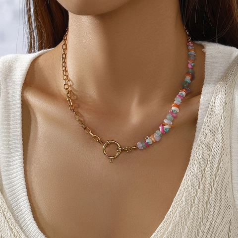 Boheemse Natuursteen Turquoise 304 Roestvrijstalen Halsketting Voor Dames Ins Stijl Onregelmatige Kristallen Schakelketting Choker Sieraden