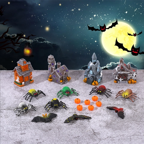 Resin Halloween Miniature Ornaments Spooky Ghost House Simulation Spider Bat Pumpkin Model For Home Festive Party Decor
