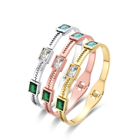 Bracciale Rigido In Acciaio Inossidabile Zirconi Rettangolari Colorati Design Traforato Geometrico Gioielli Moda Donna