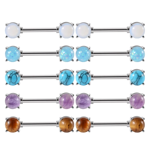 Stainless Steel Nipple Ring Barbell Piercing Jewelry With Copper Claw Amethyst Opal Turquoise Tiger Eye Stones