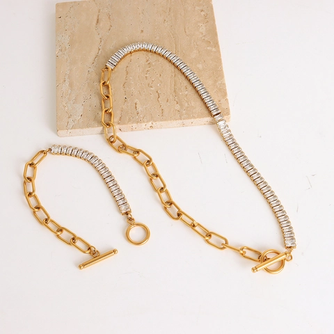 Zircon Stainless Steel Jewelry Necklace And Bracelet Toggle Clasp Split Paperclip And Tennis Chain For Women Hip Hop