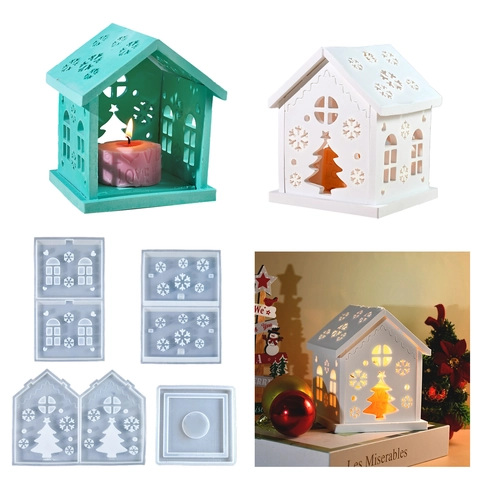 3D House Silicone Mold Christmas Snowflake Tree Hollow DIY Resin Casting Decorative Candle Holder Night Light Ornament