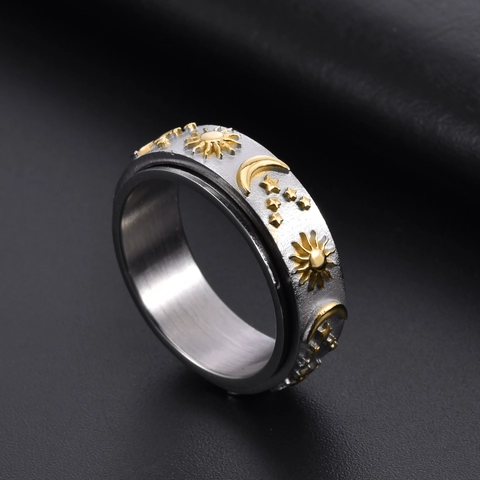 Stainless Steel Spinner Ring Men Celestial Sun Moon Star Patterns Golden Silver Rotatable Band Anxiety Stress Relief Jewelry