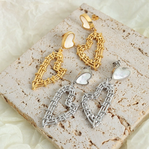 Orecchini Pendenti A Cuore Acciaio Al Titanio Conchiglia Bianca Zircone Intrecciato Vuoto Gioielli Vintage Per Donne