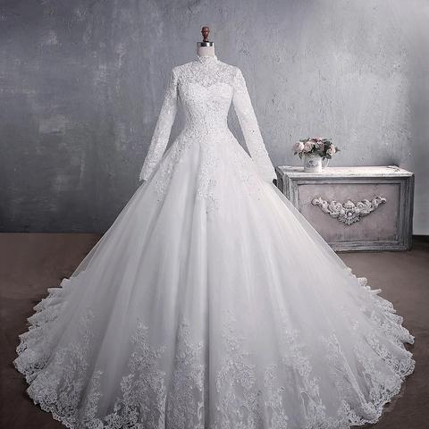 Vintage Long Sleeve Lace Wedding Dress High Neck Elegant Bridal Gown For Women Luxurious White Cathedral Train