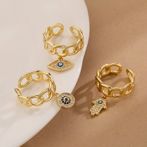 Evil Eye Offener Ring 18K Vergoldetes Kupfer Zirkonia Hamsa Hand Anhänger Böhmischer Vintage Verstellbarer Schmuck Damen