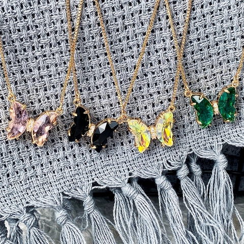 Butterfly Pendant Necklace Copper With Cut Glass Crystal Wings Zircon Inlaid Box Chain Dreamy Elegant Jewelry For Women
