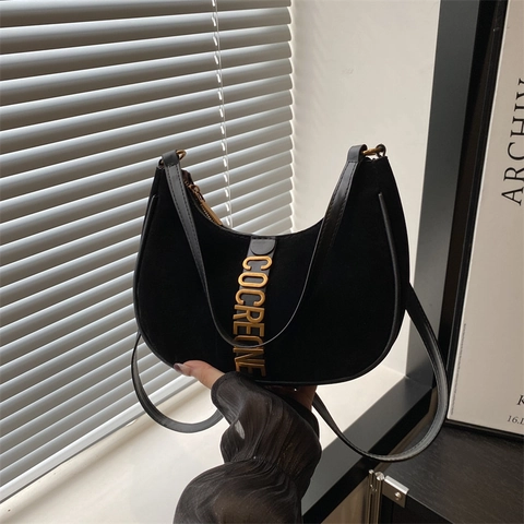 Women Suede Hobo Underarm Bag Half Moon Shoulder Bag Gold Metal Letters Retro Minimalist Zipper Solid Color