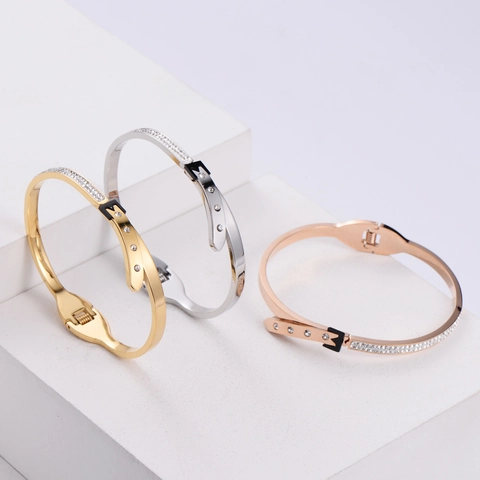 Belt Buckle Bangle Bracelet 316 Stainless Steel Zircon Inlaid Black Enamel Korean Fashion Jewelry For Women Elegant