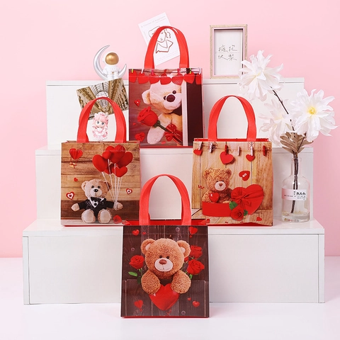 Sacchetti Regalo San Valentino Motivo Orsetto Tessuto Non Tessuto Laminato Impermeabile Per Feste Stile Romantico Legno