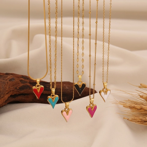 Collar Con Colgante De Corazón Retro Francés De Acero Inoxidable Esmalte Goteo Aceite Irregular Cadena De Clavícula Mujer