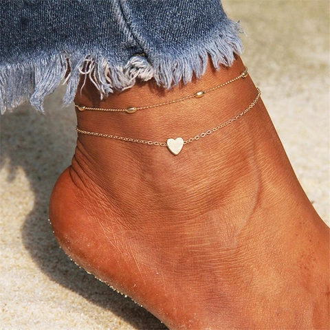 Double Layer Heart Pendant Anklet Stainless Steel Bead Chain Summer Beach Jewelry For Women Fashion Simple Style