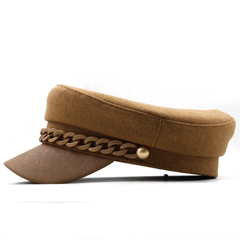 Cappello Newsboy Vintage Da Donna Visiera In Ecopelle Misto Lana Tetto Piatto Con Decorazione Catena Stile Retrò Baker Boy