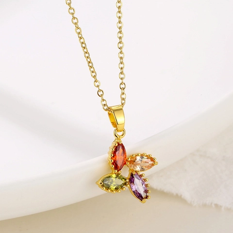 Blume Schmetterling Anhänger Halskette Edelstahl Kupfer Mit Buntem Zirkonia Mikropflaster Schlüsselbein Kette Schmuck Für Frauen