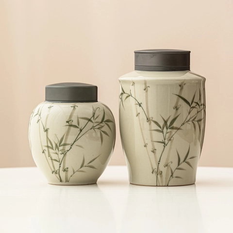 Ceramic Tea Canister Hand Painted Green Bamboo Pattern Airtight Aluminum Alloy Lid Vintage Chinese Style Storage Jar