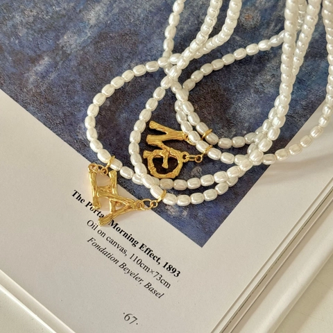 French Vintage Crystal Artificial Pearl Necklace With 925 Sterling Silver Bamboo Texture Initial Letter Pendant Clavicle Chain
