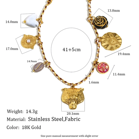 Collana Con Ciondoli Multipli Acciaio Inossidabile Placcato Oro 18K Corda Intrecciata Colorata Testa Di Leopardo Cuore Perla Artificial
